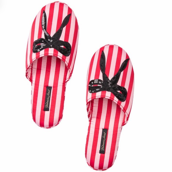 🆕Victoria’s Secret Classic Stripe Satin Sequin Embellished Bow Slipper - Picture 11 of 12